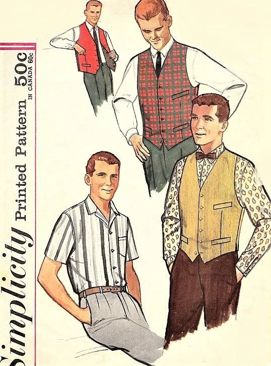 60s CLASSIC Gentlemens Shirt,Vest and Reversible Vest Pattern SIMPLICITY 4160 Short or Long Sleeved Shirt Chest 38 Vintage Mens 