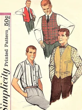 60s CLASSIC Gentlemens Shirt,Vest and Reversible Vest Pattern SIMPLICITY 4160 Short or Long Sleeved Shirt Chest 38 Vintage Mens 