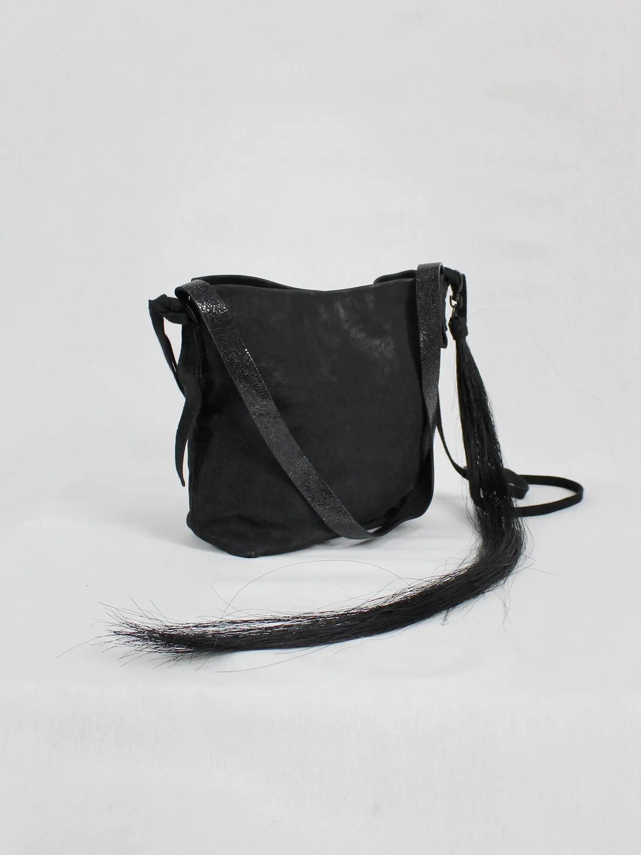 Ann Demeulemeester black leather shoulder bag with extra long horsehair tassel