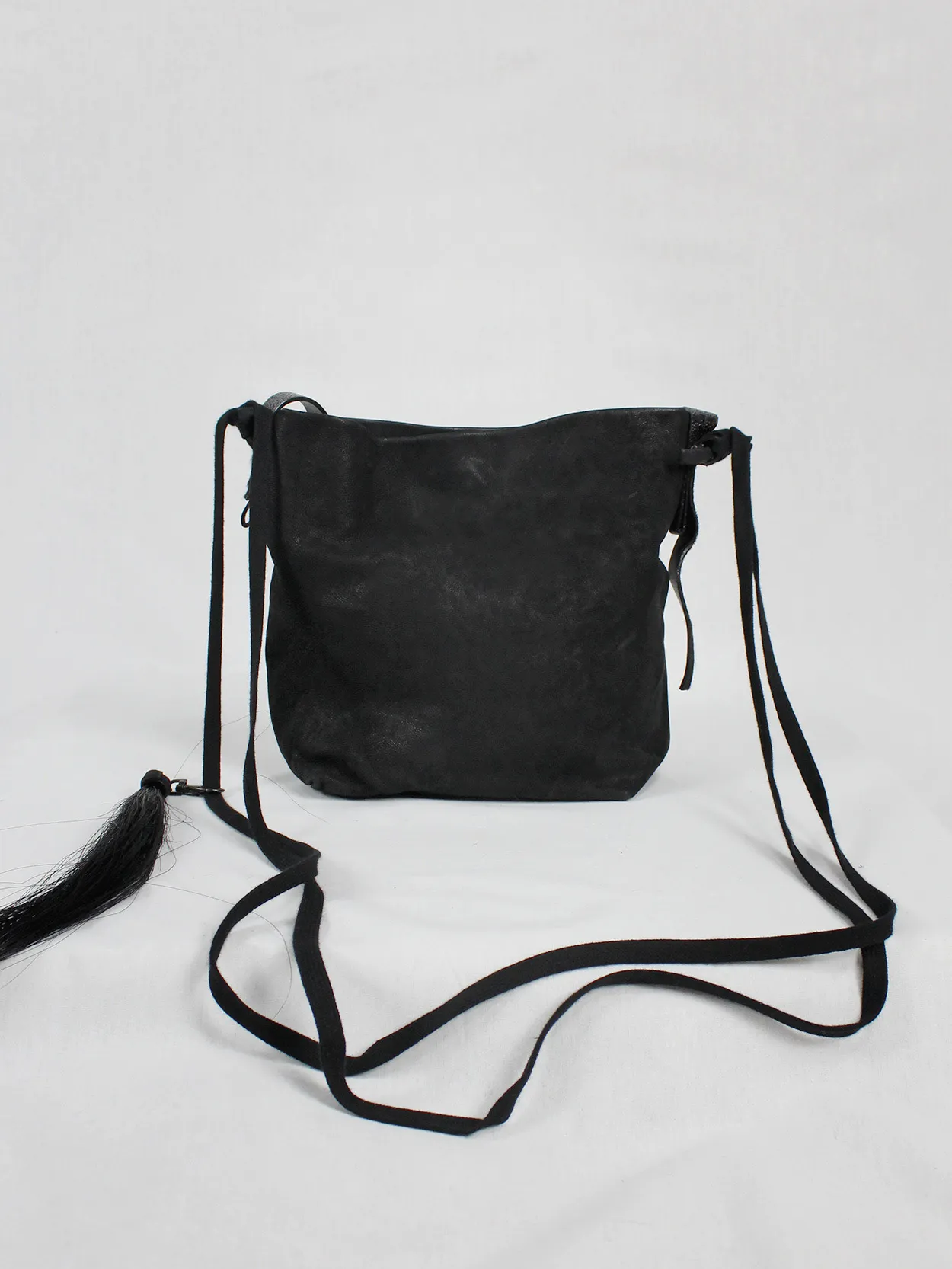 Ann Demeulemeester black leather shoulder bag with extra long horsehair tassel