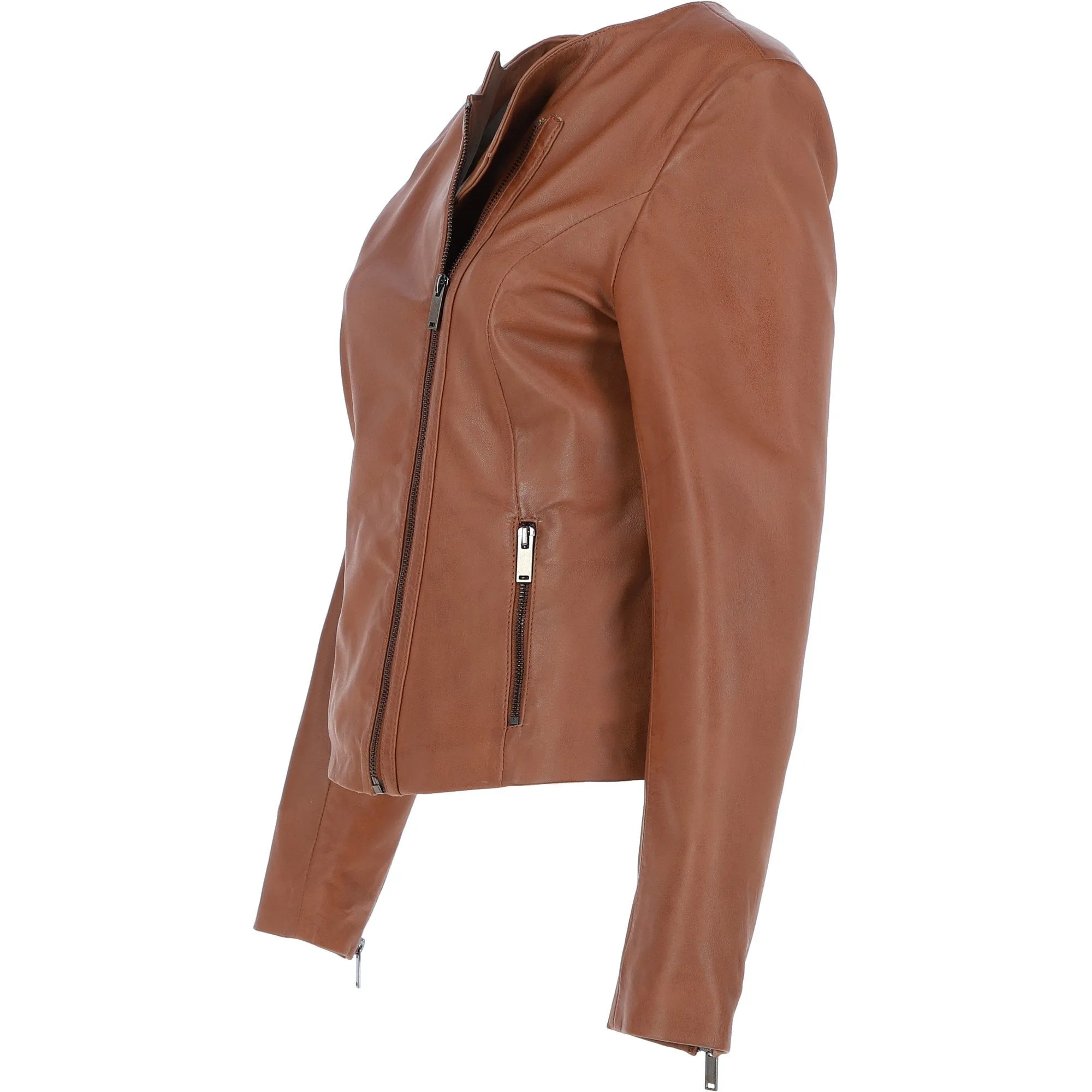 Ashwood Leather Ladies Collarless Side Zip Fashion Jacket Tan: AWL-161