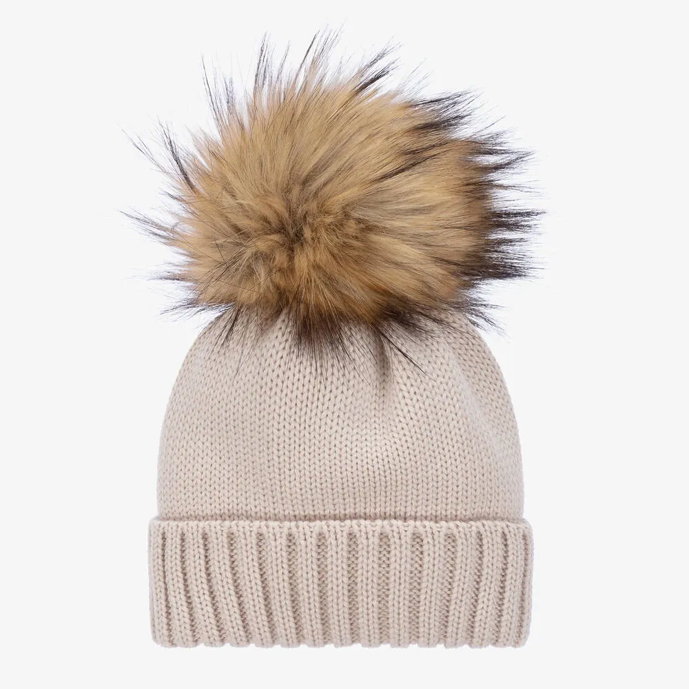 Baby Girls Beige Wool Pom-Pom Hat