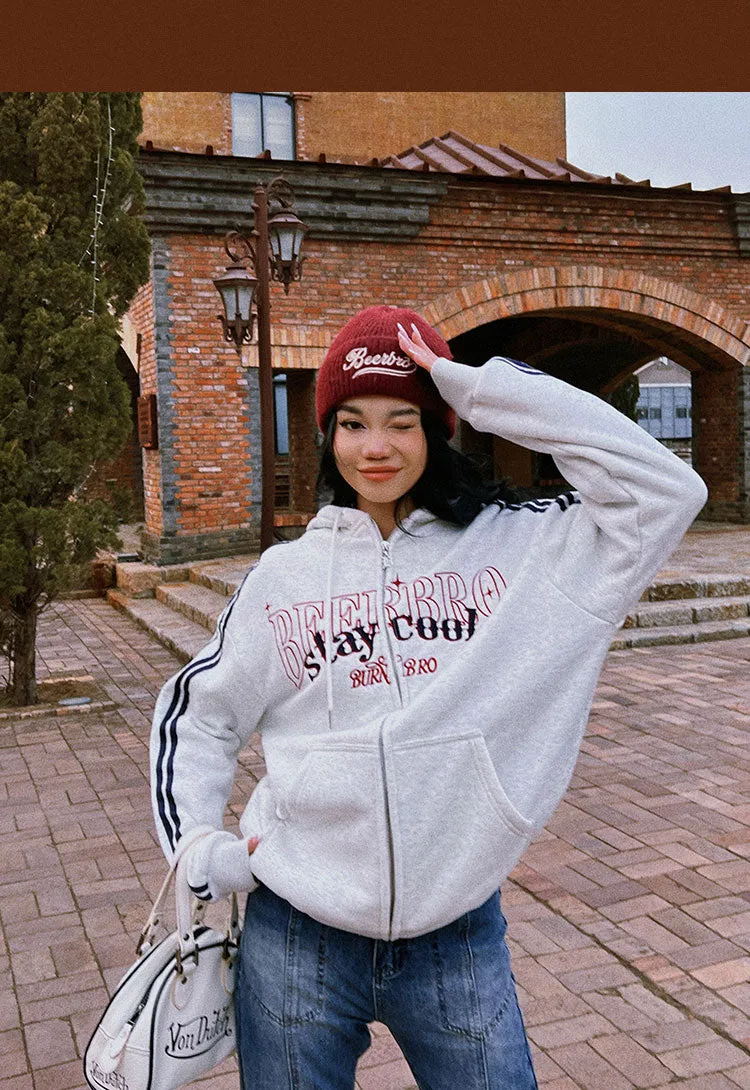 BEERBRO staycool Letter Embroidery Long Stripe Sleeve Zip Up Hoodie