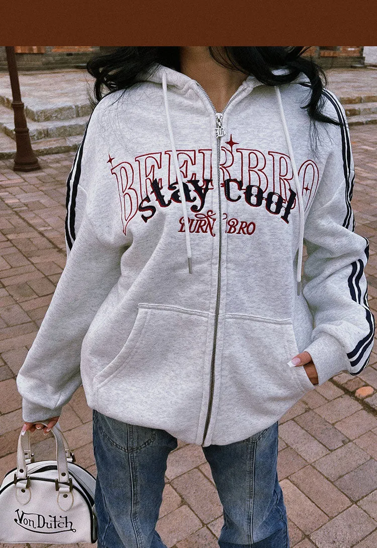 BEERBRO staycool Letter Embroidery Long Stripe Sleeve Zip Up Hoodie