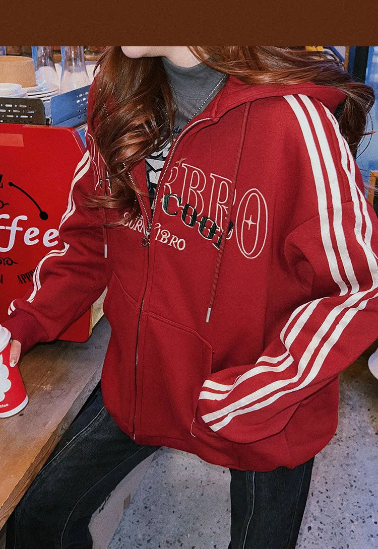 BEERBRO staycool Letter Embroidery Long Stripe Sleeve Zip Up Hoodie