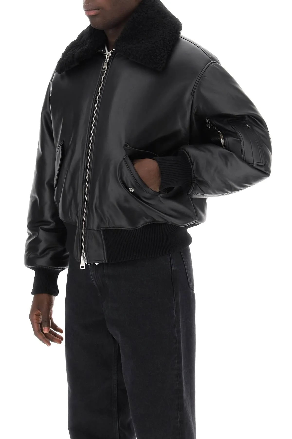 BLACK LEATHER BOMBER JACKET