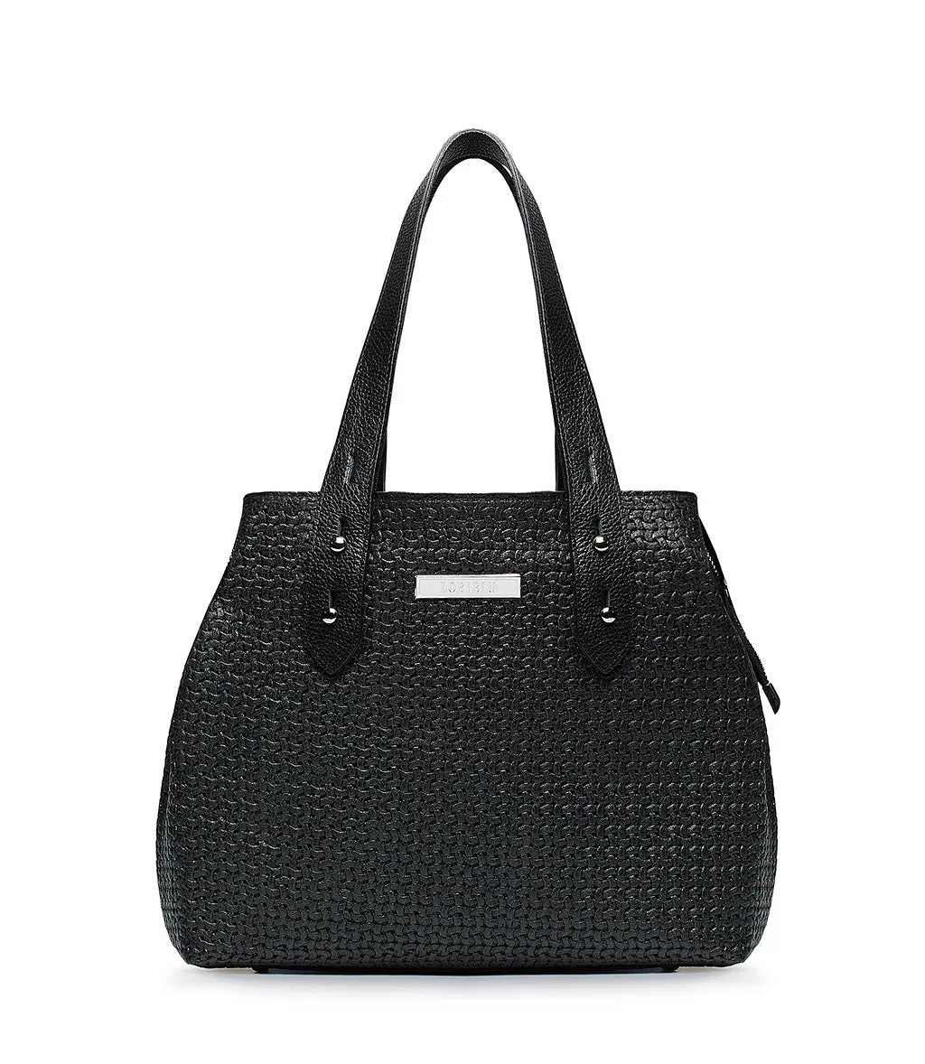 Black woven leather tote bag