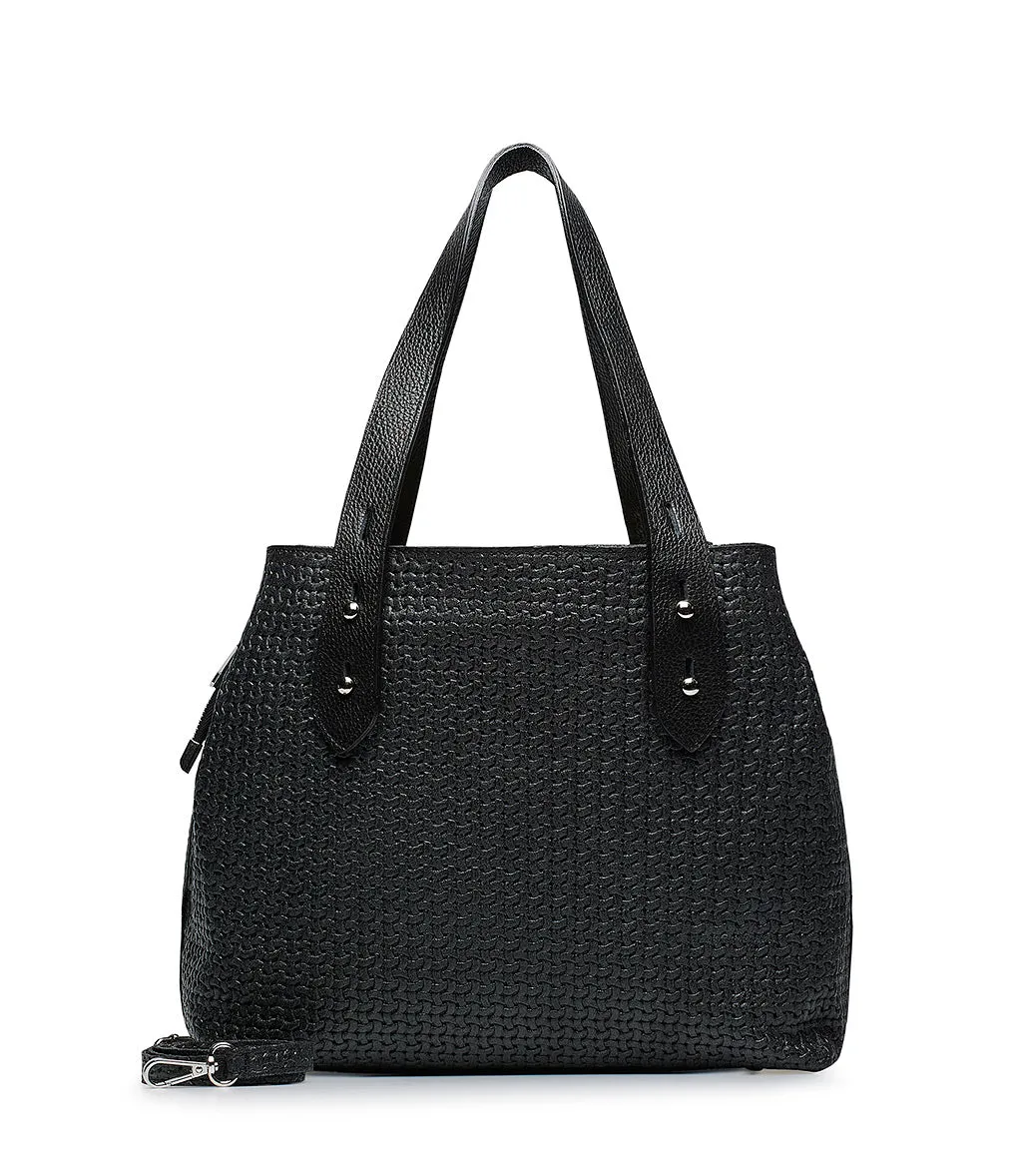 Black woven leather tote bag