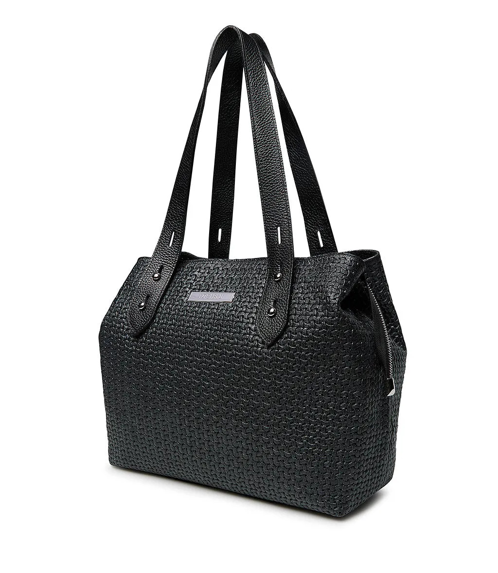 Black woven leather tote bag