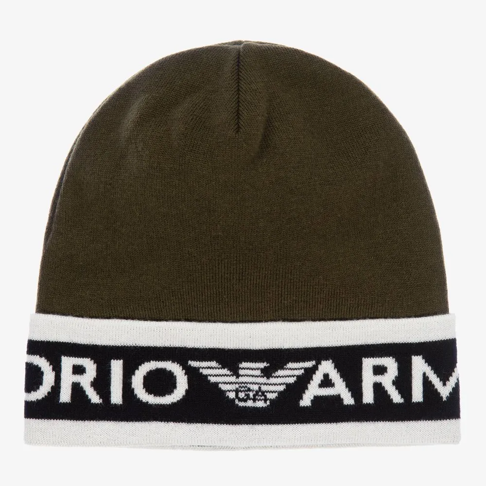 Boys Khaki Green Wool Logo Hat