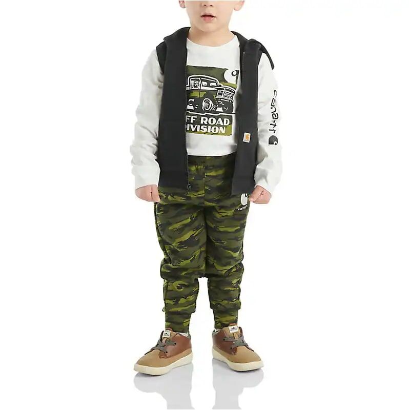 Carhartt Boy's Long Sleeve T-Shirt With Zip Front Vest & Camo Pant Set in Green Camo