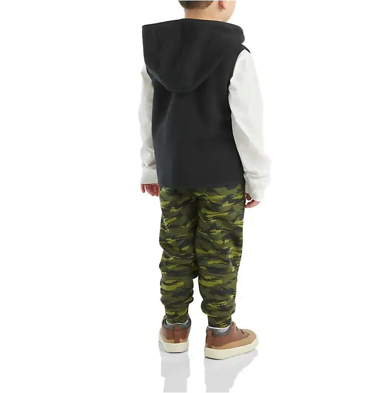 Carhartt Boy's Long Sleeve T-Shirt With Zip Front Vest & Camo Pant Set in Green Camo