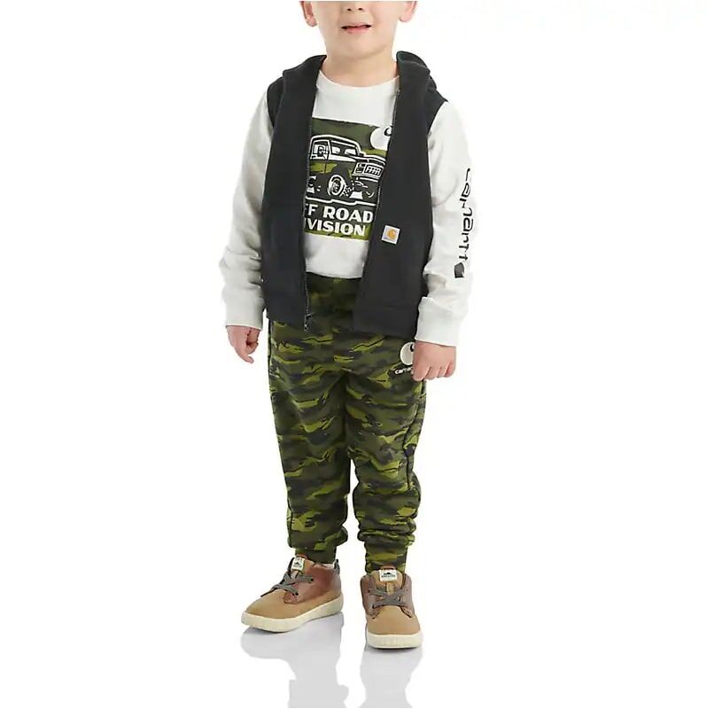 Carhartt Boy's Long Sleeve T-Shirt With Zip Front Vest & Camo Pant Set in Green Camo