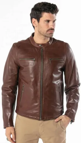 Dark cognac men's leather jacket motorcycle style 101241