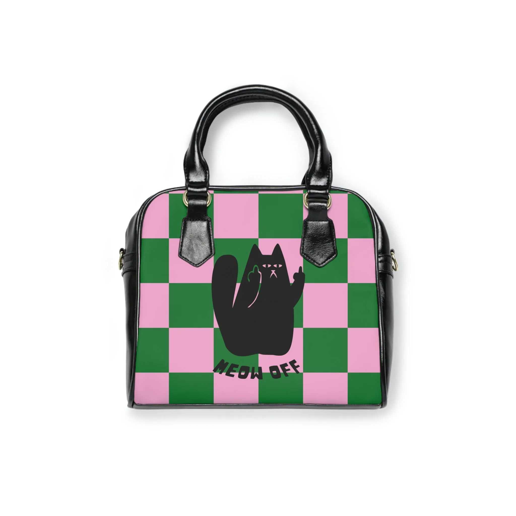 Funny Black Cat pointing middle finger checked Shoulder Handbag