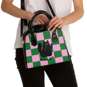 Funny Black Cat pointing middle finger checked Shoulder Handbag