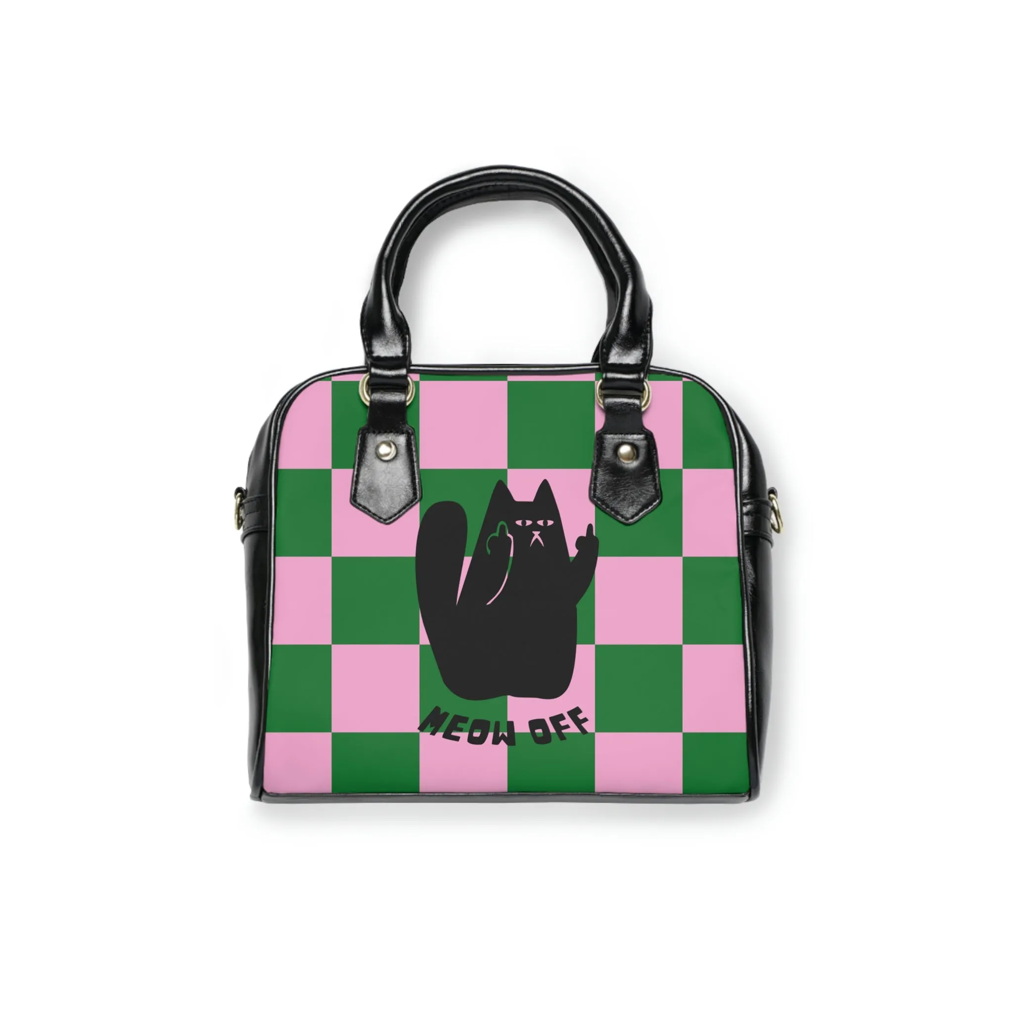 Funny Black Cat pointing middle finger checked Shoulder Handbag