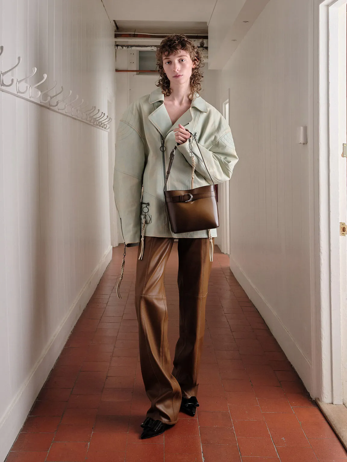 Gabine Leather Belted Bucket Bag - Brown