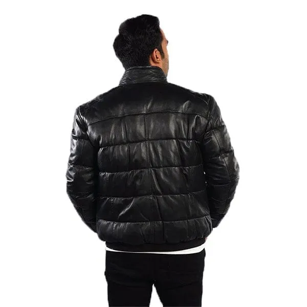 Genuine Black Leather Quilted Warm Downs Jacket For Men