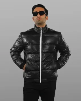 Genuine Black Leather Quilted Warm Downs Jacket For Men