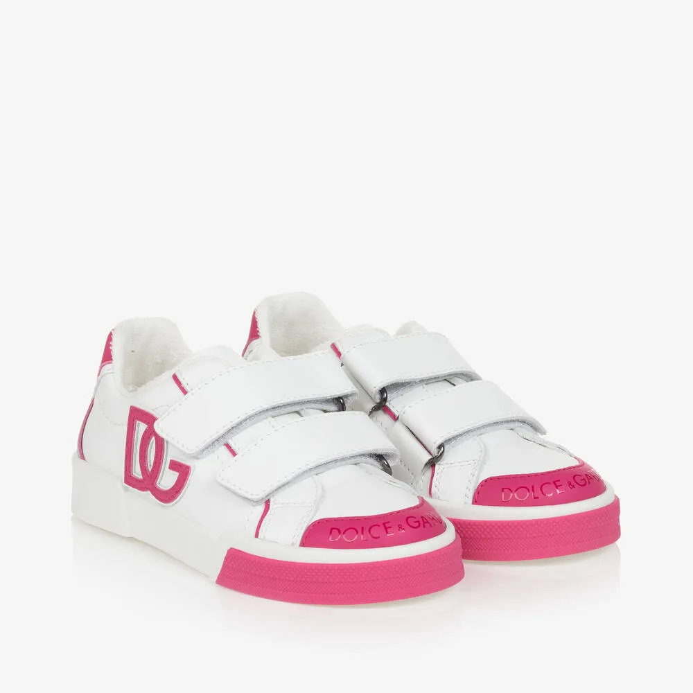 Girls White & Pink DG Leather Portofino Trainers