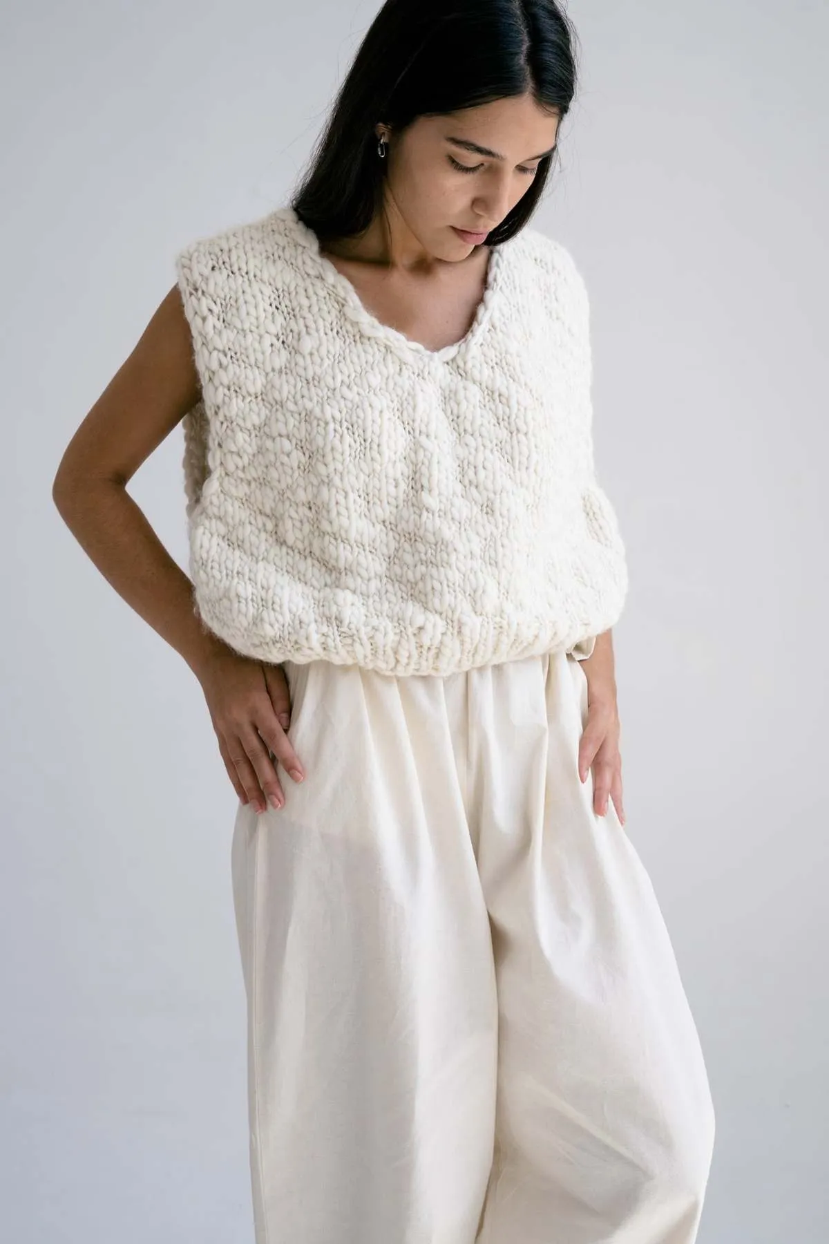 Hand Knitted Acacia Wool Vest - Ivory