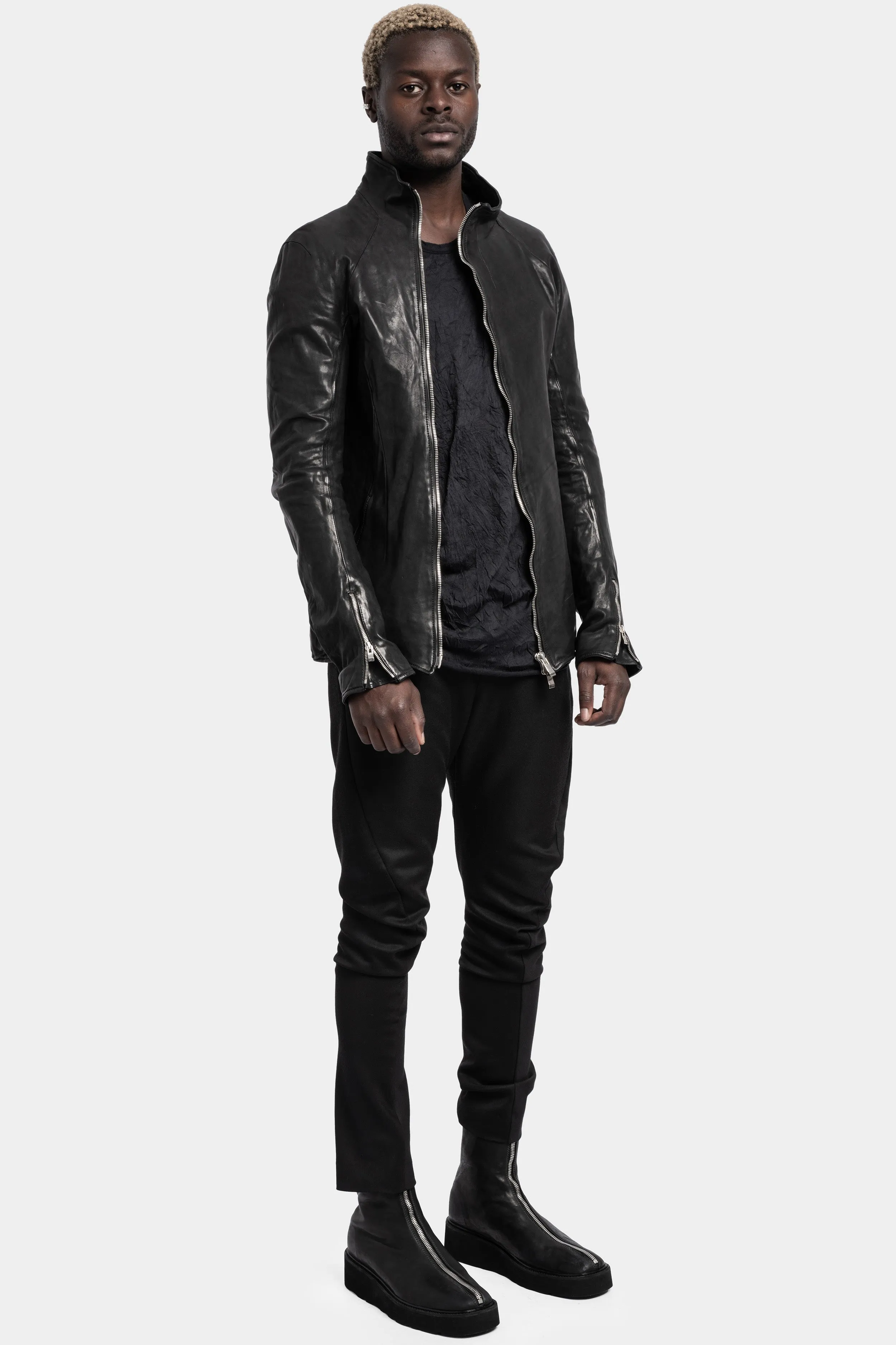 High neck asymmetrical zip calf leather jacket