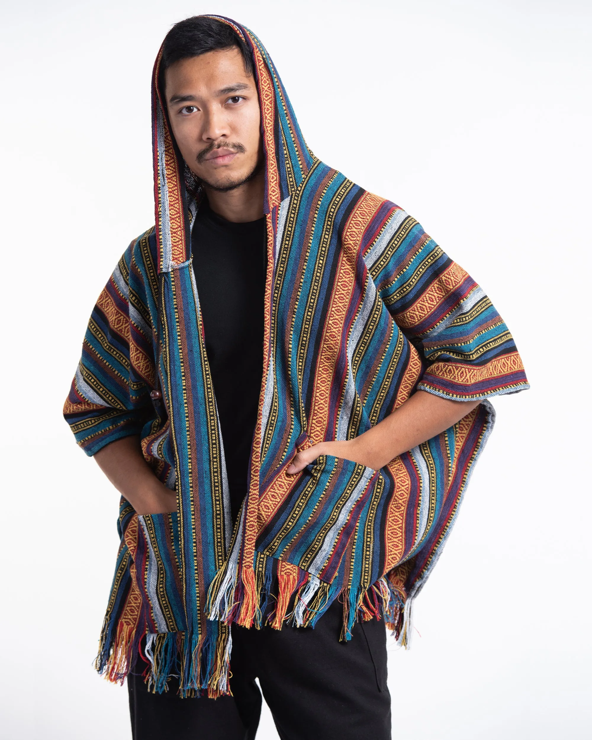 Hill Tribe Cotton Hooded Poncho Jacket in Blue Orange