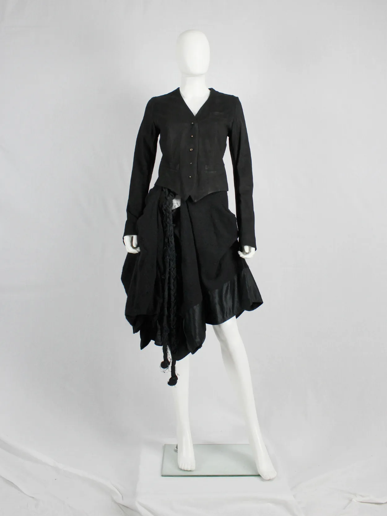 Isaac Sellam black leather jacket with open back and belt strap