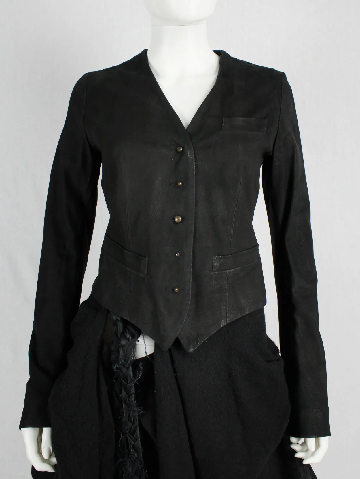 Isaac Sellam black leather jacket with open back and belt strap