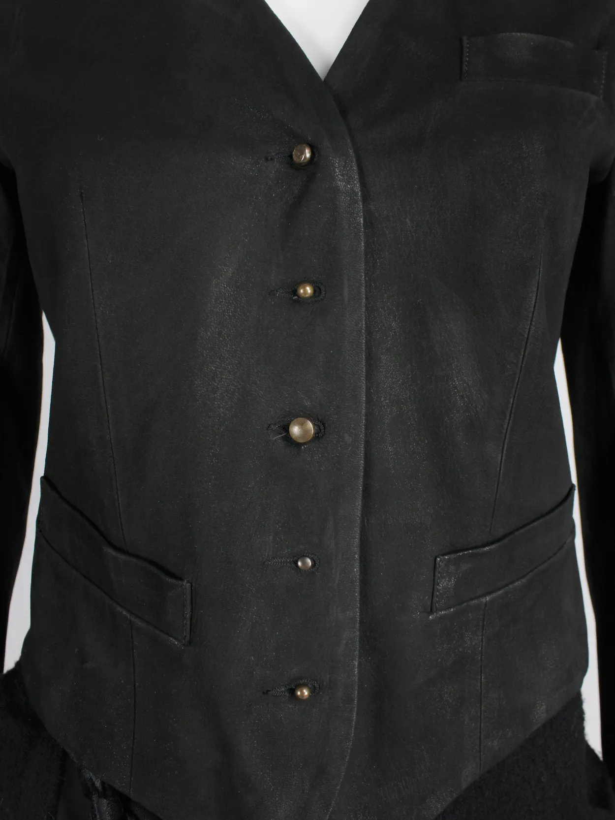 Isaac Sellam black leather jacket with open back and belt strap