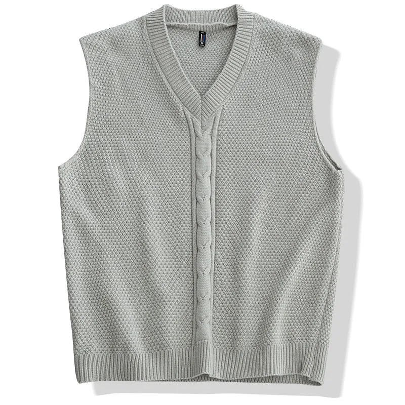 Japanese Men's Solid Pattern V Neck Loose Oversized Knitted Vest Sweater