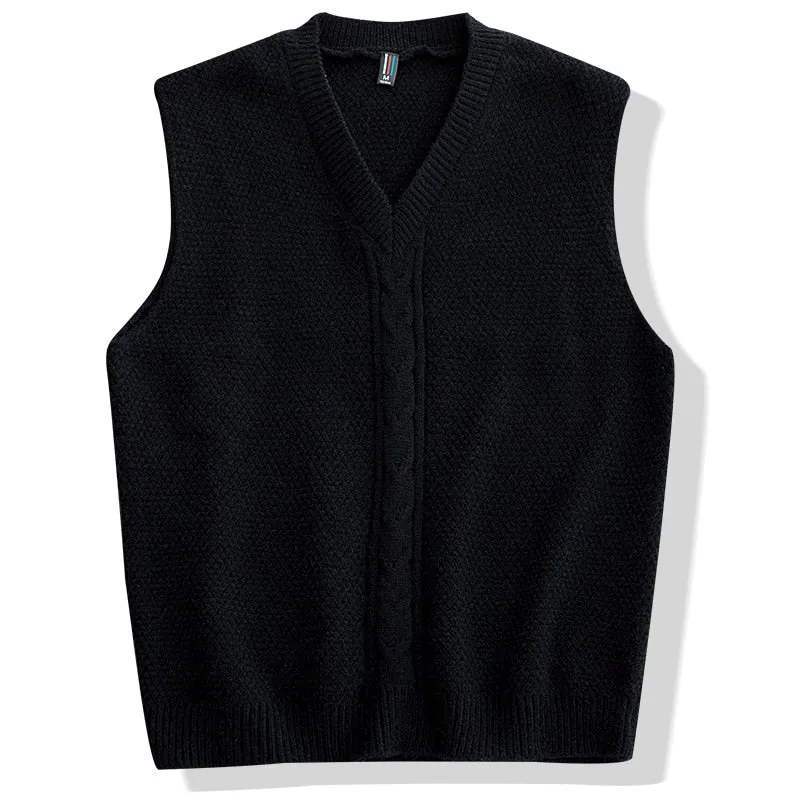 Japanese Men's Solid Pattern V Neck Loose Oversized Knitted Vest Sweater