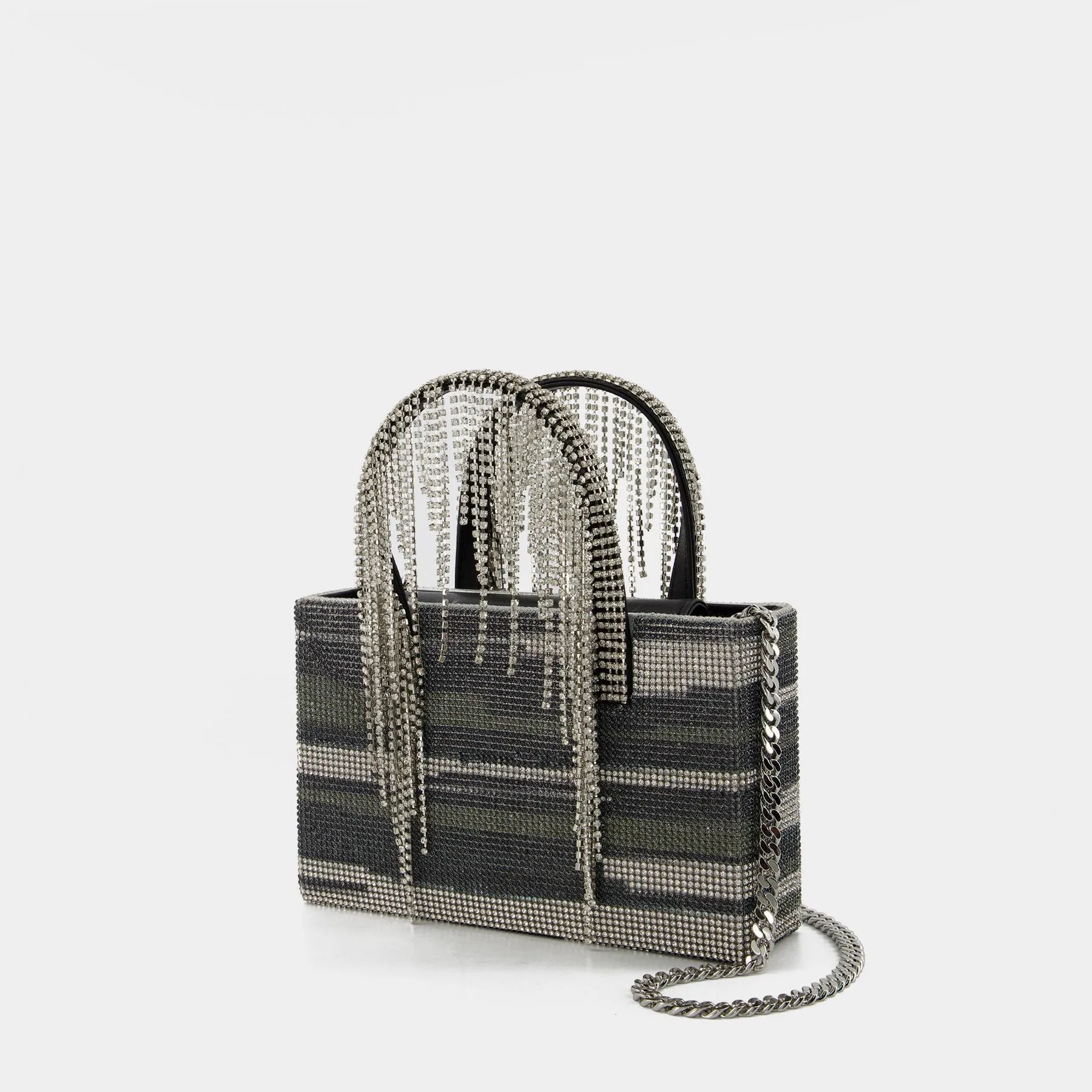 Kara  Midi Crystal Fringe Handbag - Kara - Black Stripes - Strass