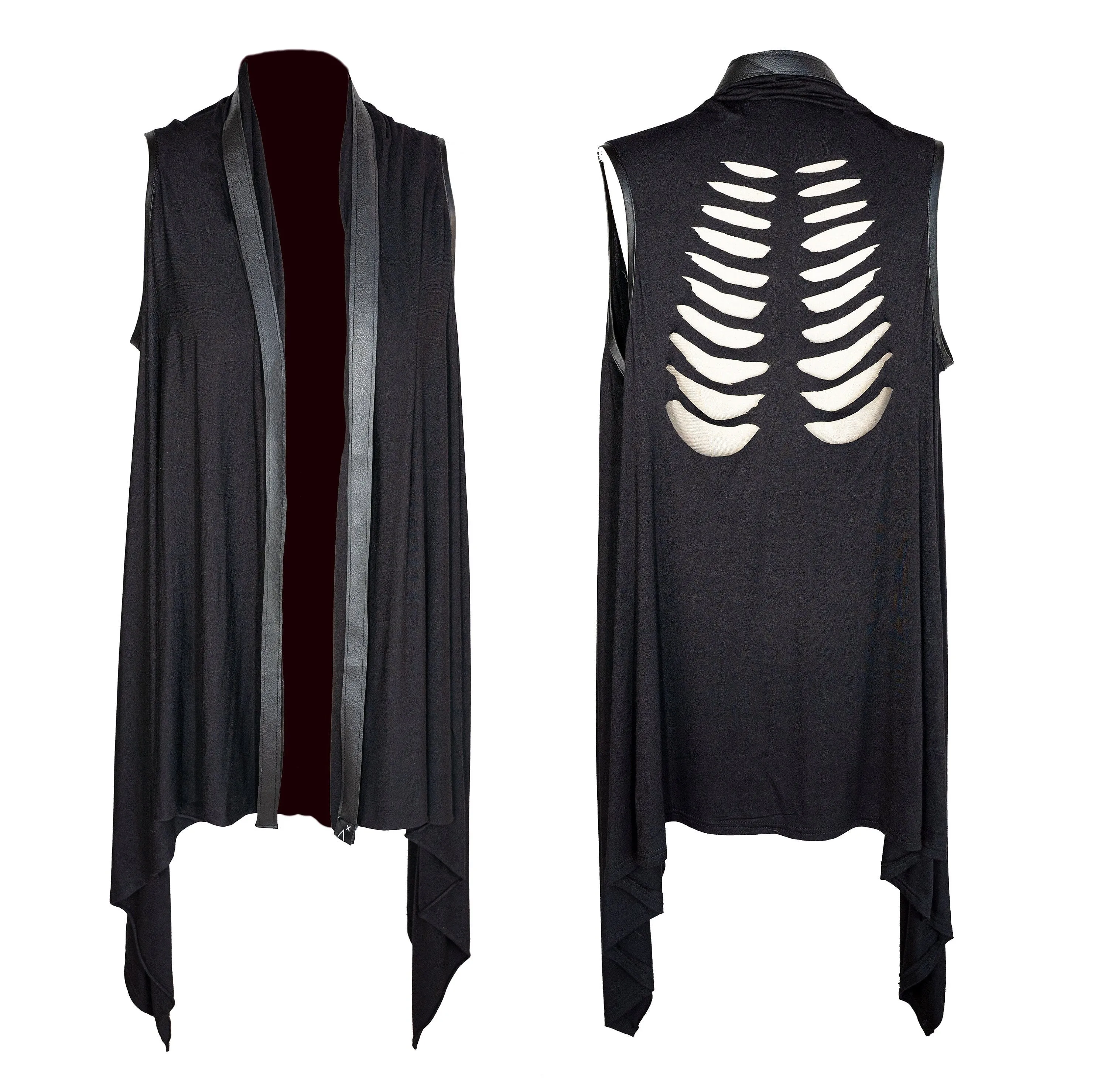 Leather strap slashed rib cage cardigan vest