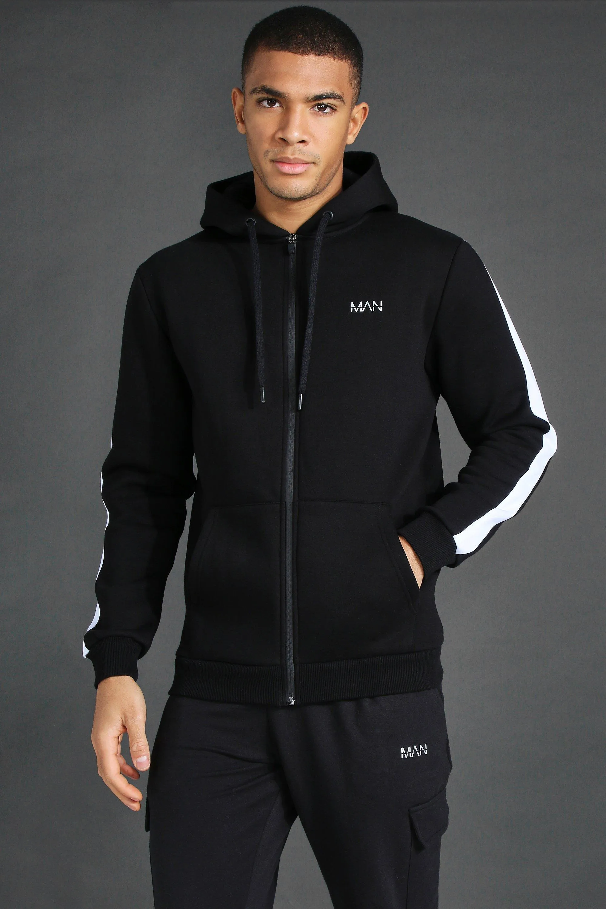 Man Active Oth Zip Through Side Stripe Hoodie | boohooMAN UK