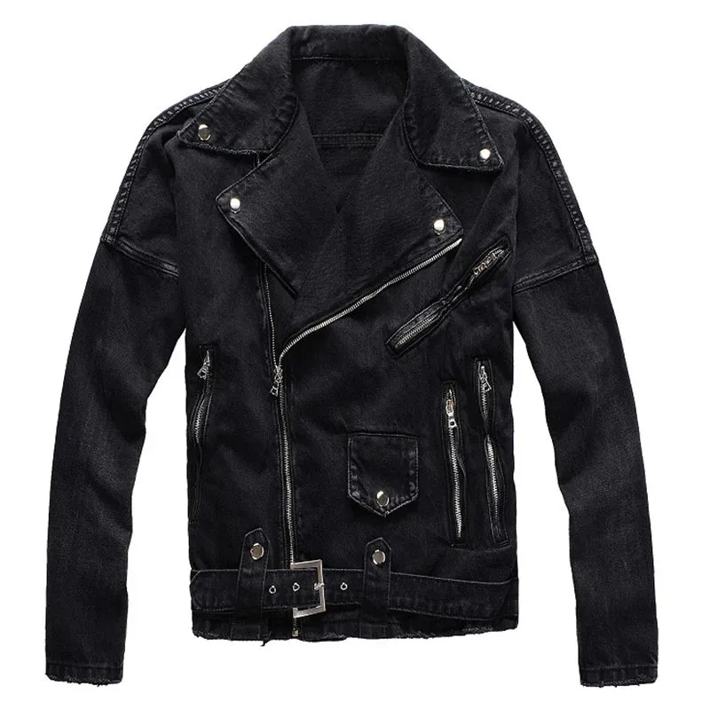 Men's Black Moto Biker Slim Zipper Decor Streetwear Jacket with Belt