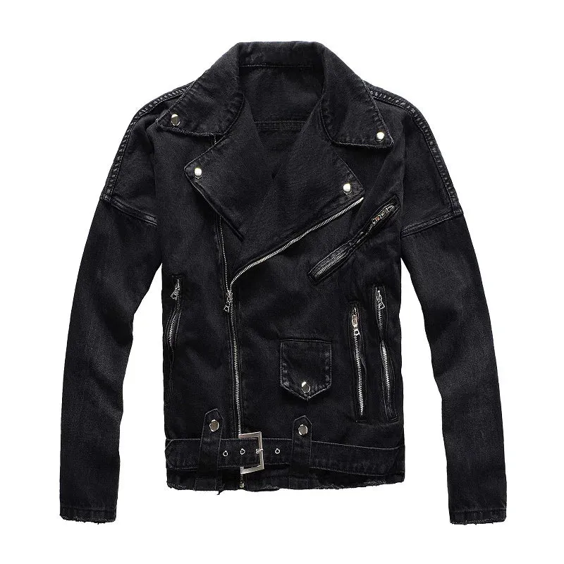 Men's Black Moto Biker Slim Zipper Decor Streetwear Jacket with Belt