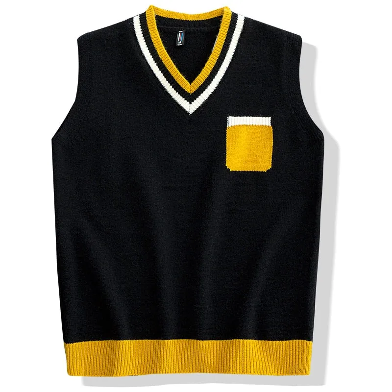 Men's England Style Hip Hop V-neck Vest Sleeveless Knitted Sweater