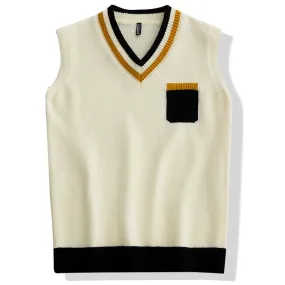 Men's England Style Hip Hop V-neck Vest Sleeveless Knitted Sweater