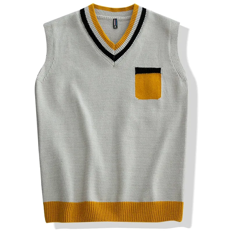 Men's England Style Hip Hop V-neck Vest Sleeveless Knitted Sweater