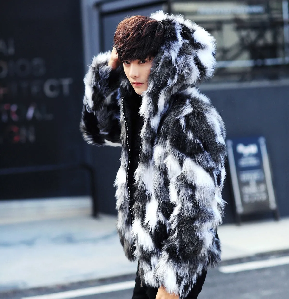 Men's High Street Winter Hooded Oversized Synthetic Fur Parka Jacket