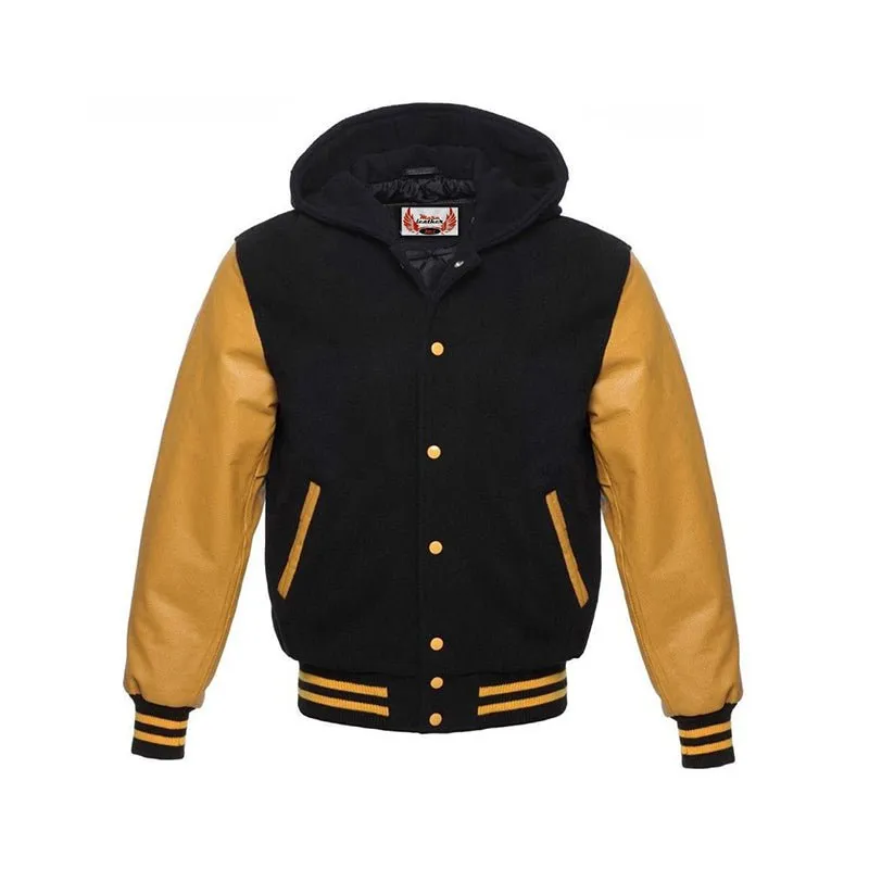 Men's Letterman Black Varsity Jacket Genuine Leather Sleeves - Golden