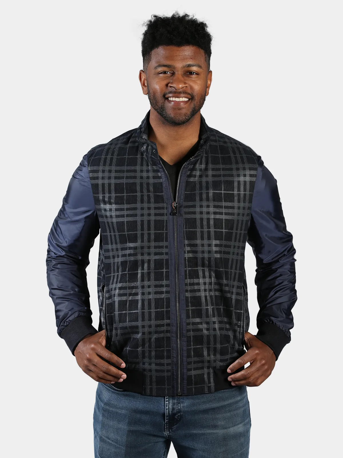 Men's Navy Plaid Leather and Nylon Jacket - Day Furs