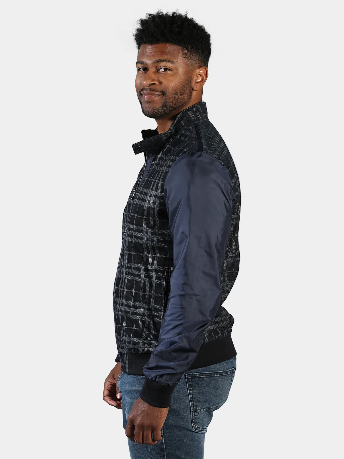 Men's Navy Plaid Leather and Nylon Jacket - Day Furs