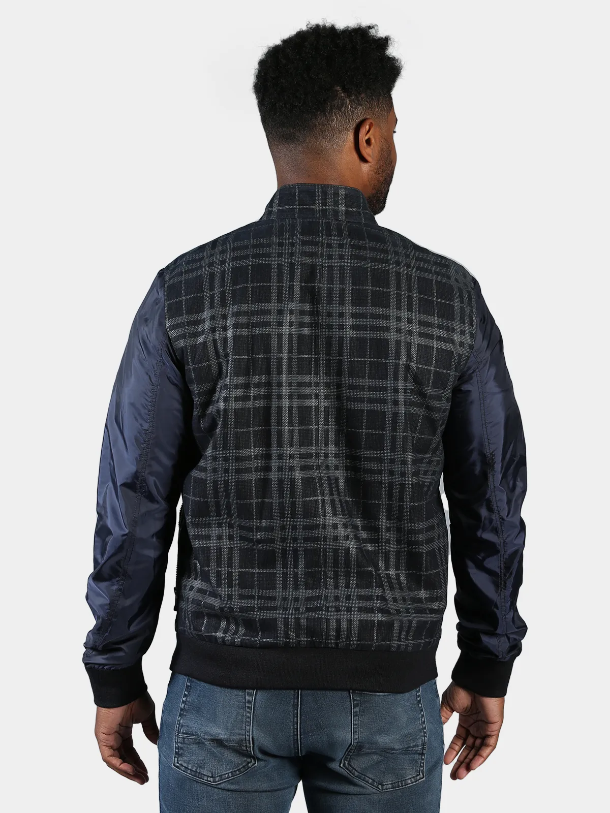 Men's Navy Plaid Leather and Nylon Jacket - Day Furs