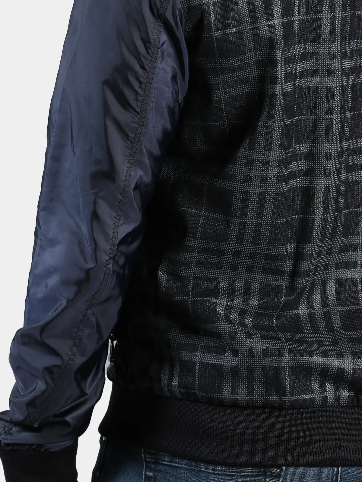 Men's Navy Plaid Leather and Nylon Jacket - Day Furs