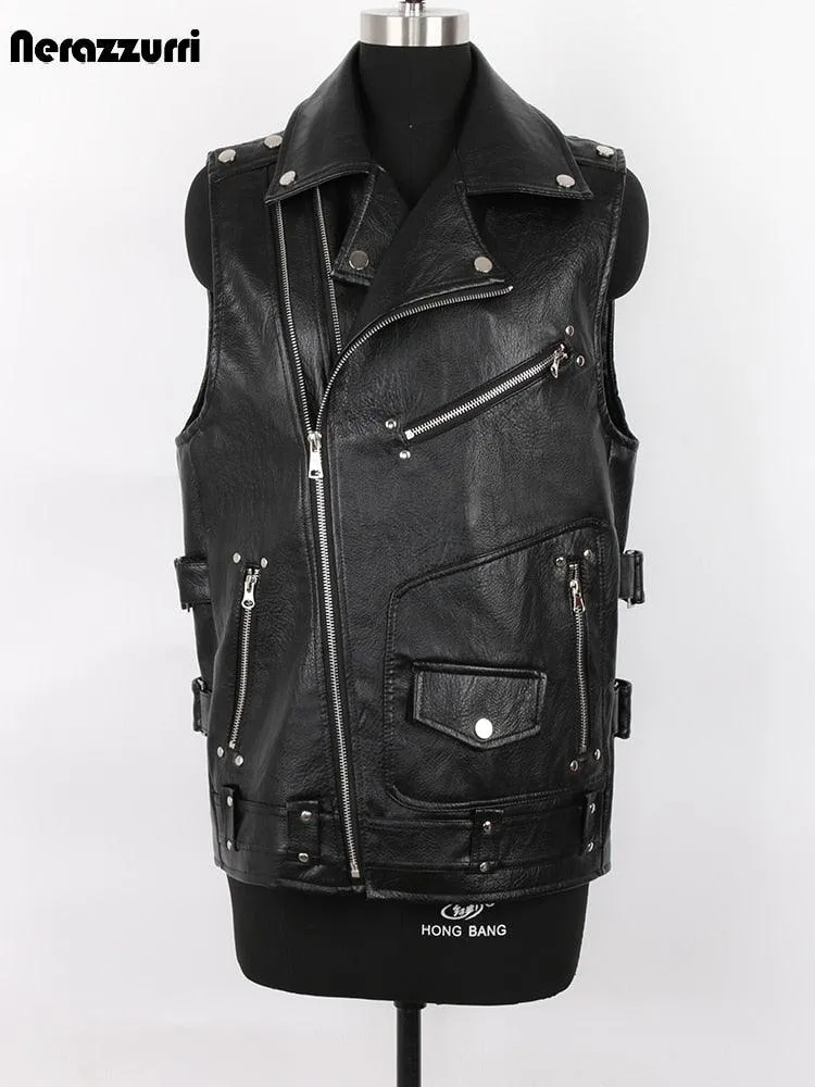 Motorcycle Style PU Leather Sleeveless Vest for Men with Zipper Pockets