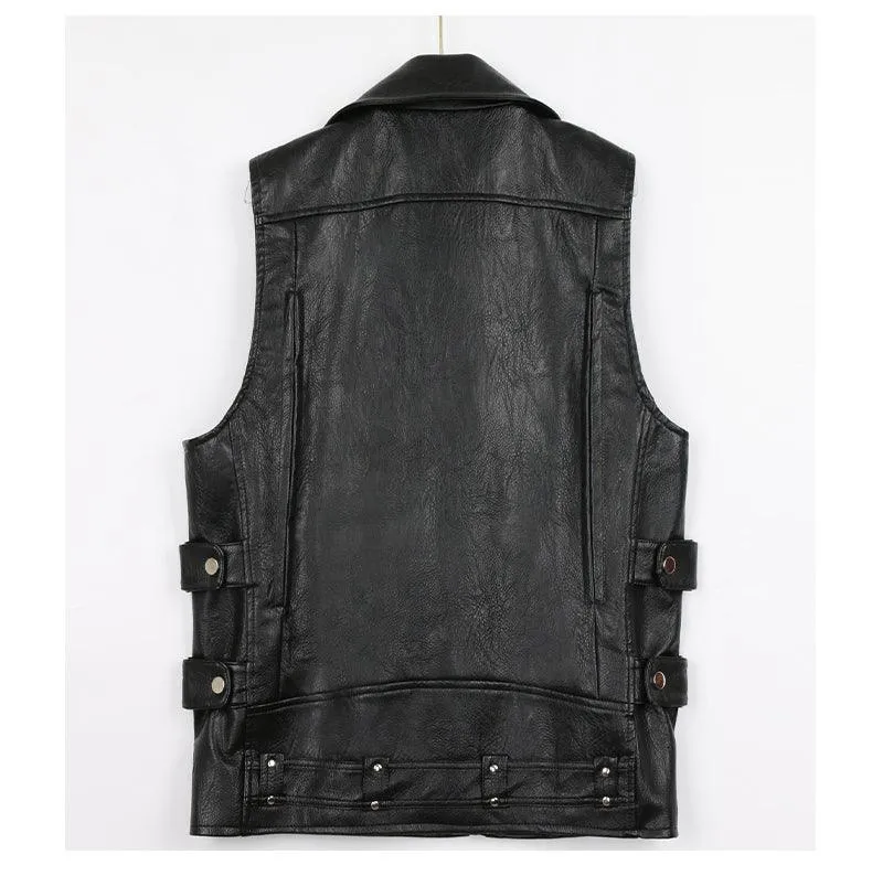 Motorcycle Style PU Leather Sleeveless Vest for Men with Zipper Pockets