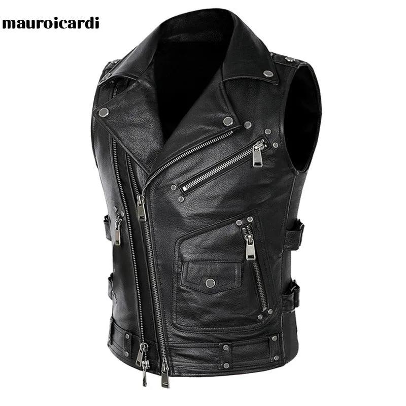 Motorcycle Style PU Leather Sleeveless Vest for Men with Zipper Pockets